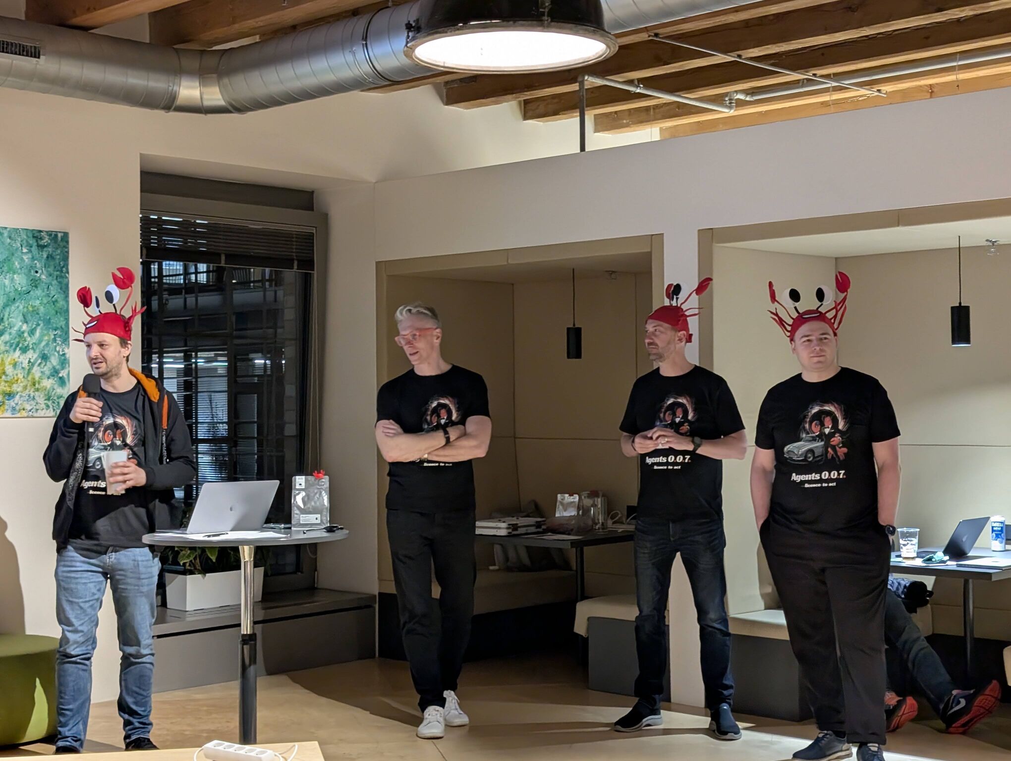 The crew in crab hats